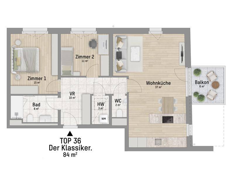 Grundriss der Einheit TOP 36 mit zwei Schlafzimmern, Wohnküche, Bad, WC und Balkon.