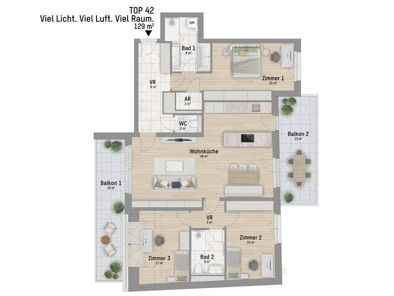 Grundriss einer Wohnung mit drei Zimmern, zwei Bädern und zwei Balkonen, insgesamt 129 m².