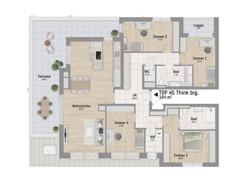 Grundriss einer großen Wohnung mit vier Zimmern, offener Wohnküche, Loggia und großer Terrasse.