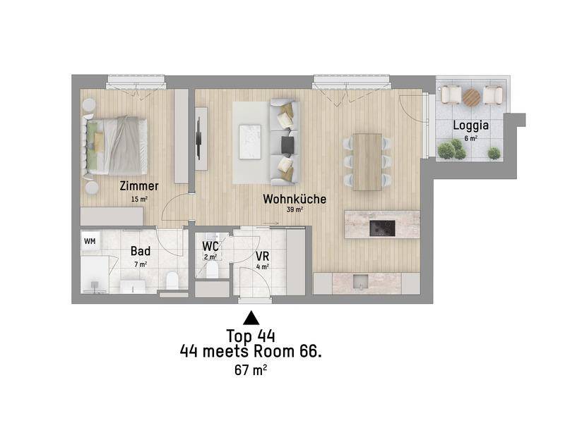 Grundriss einer Wohnung mit Schlafzimmer, Wohnküche, Bad und Loggia.
