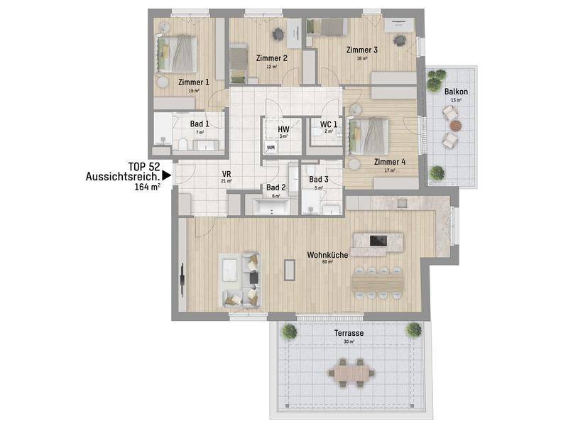 Grundriss der Wohnung TOP 52 mit vier Zimmern, offener Wohnküche, Terrasse und Balkon.