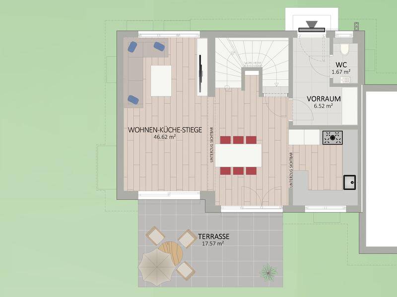 Grundriss des Erdgeschosses mit offener Wohnküche, Essbereich und Terrasse, funktional aufgeteilt.