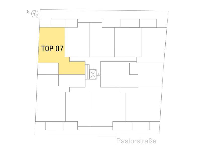 Grundriss einer Wohnetage mit hervorgehobener Einheit TOP 07 und Nordausrichtung.
