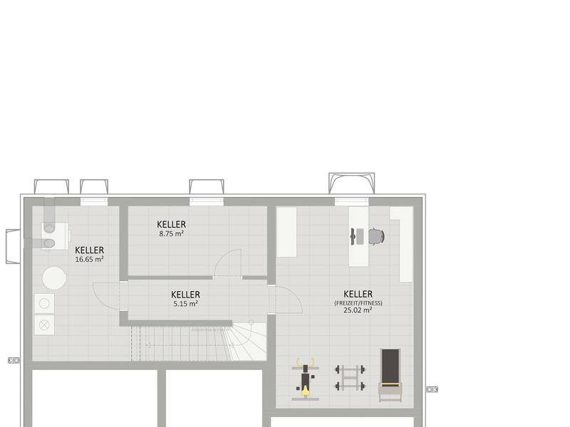Grundriss des Kellers mit Abstellräumen, Fitnessbereich und Treppe.