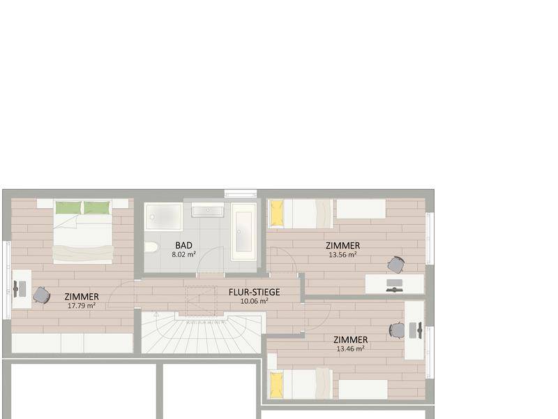 Grundriss des Obergeschosses mit drei Schlafzimmern und einem Badezimmer.