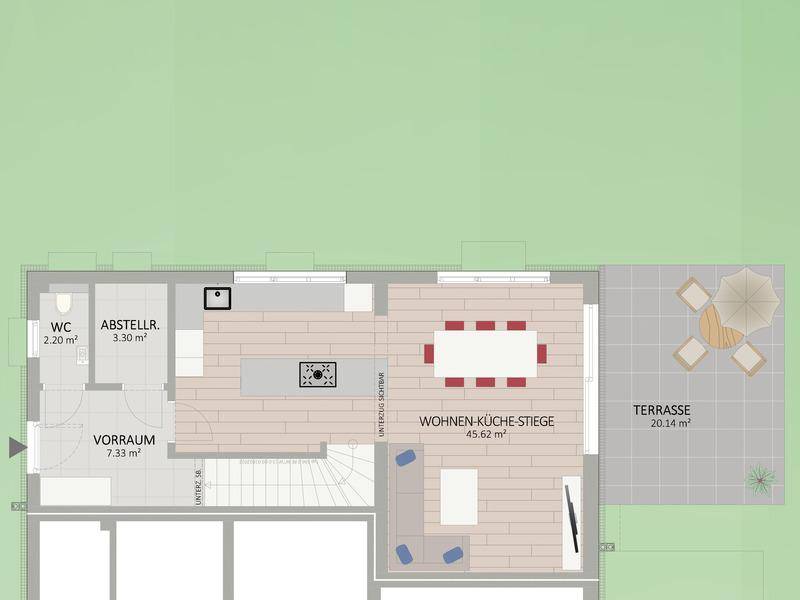 Grundriss des Erdgeschosses mit offenem Wohn-Essbereich, Küche und Terrasse.