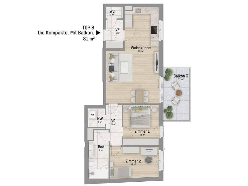 Grundriss einer kompakten Wohnung mit zwei Zimmern, Wohnküche und Balkon.