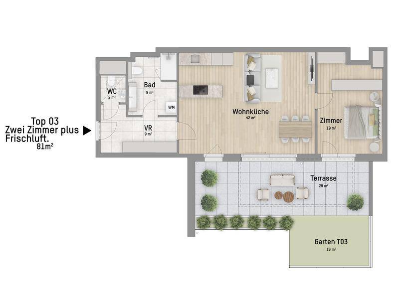 Grundriss der Wohnung Top 03 mit Wohnküche, Schlafzimmer, Bad und großer Terrasse mit Gartenanteil.
