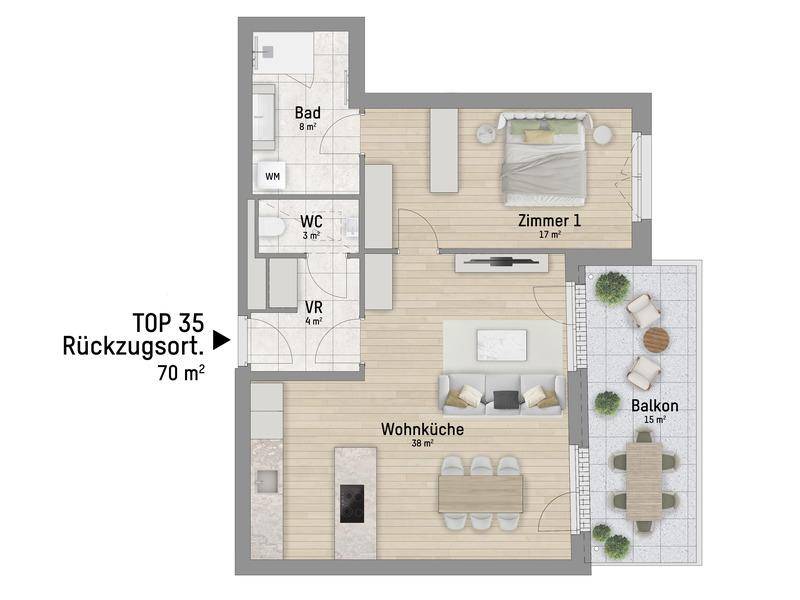 Grundriss der Wohnung TOP 35 mit 70 m² Wohnfläche, offenem Wohnbereich und Balkon.