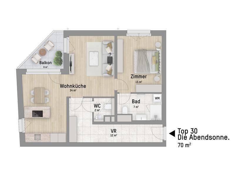 Grundriss einer 70 m² Wohnung mit Wohnküche, Schlafzimmer und Balkon.