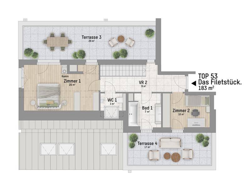 Grundriss der unteren Ebene von TOP 53 mit Schlafzimmern, Bädern und zwei weiteren Terrassen.