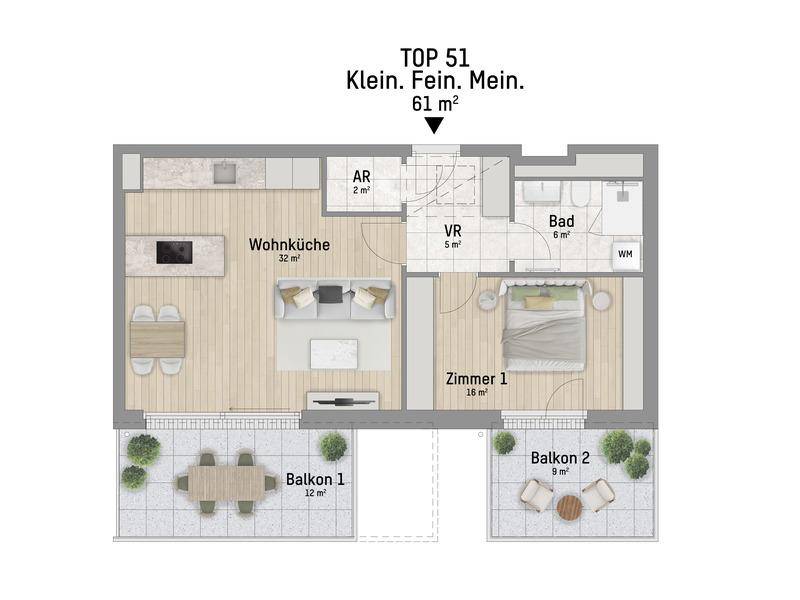 Grundriss der Wohnung TOP 51 mit Wohnküche, Schlafzimmer und zwei Balkonen.