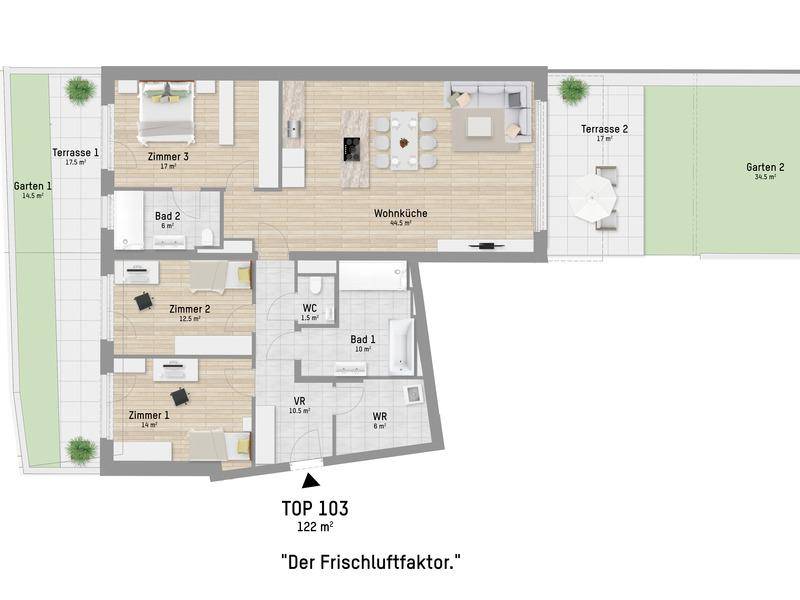 Detaillierter Grundriss einer Wohnung mit drei Zimmern, Wohnküche, zwei Bädern und Garten.