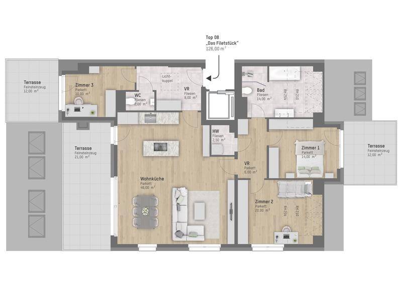 Detaillierter Grundriss einer 126 m² großen Wohnung mit drei Zimmern und mehreren Terrassen.