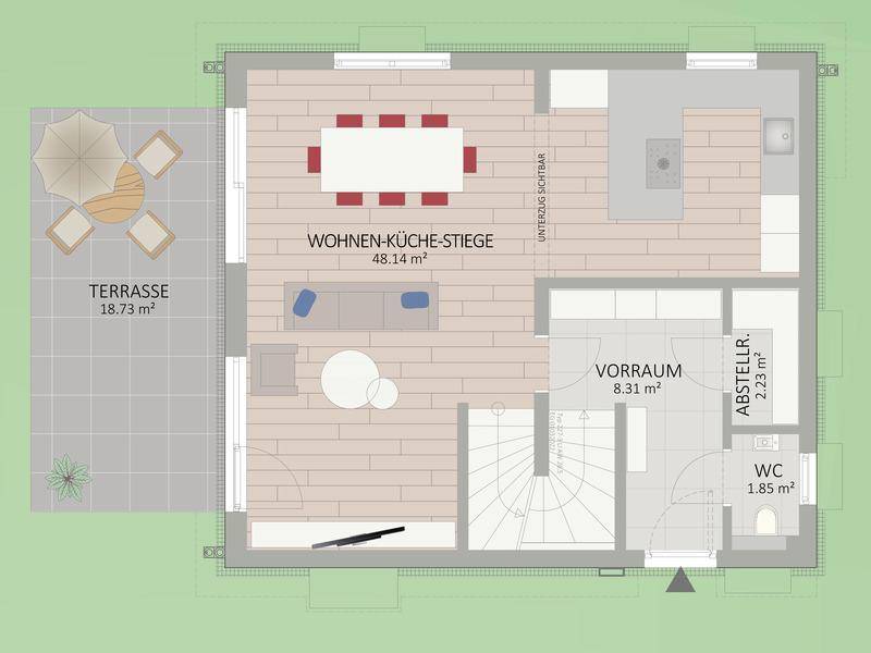 Grundriss des Erdgeschosses mit offener Wohnküche, Essbereich und direktem Terrassenzugang.