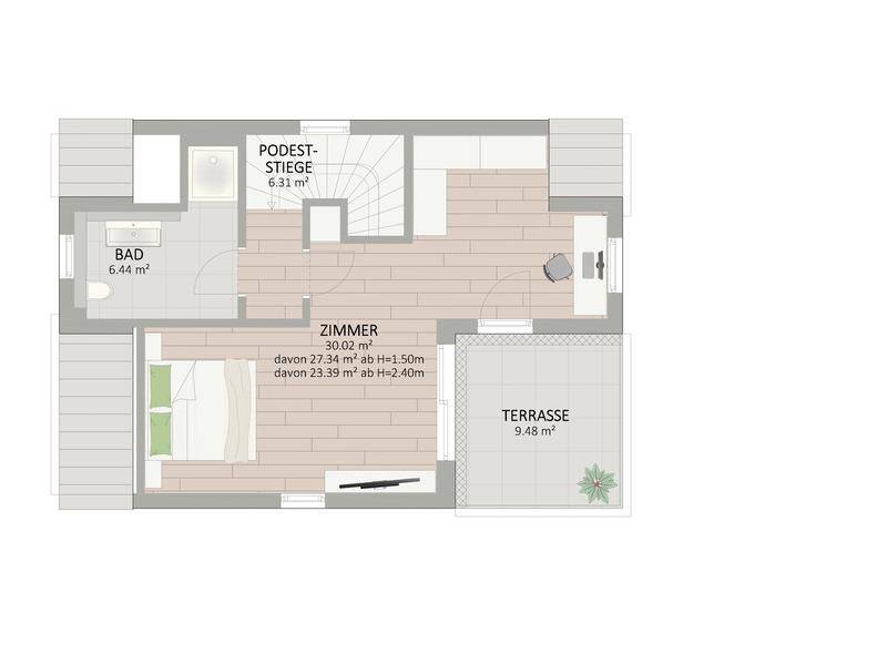 Grundriss des Dachgeschosses mit großem Zimmer, Bad und Dachterrasse.