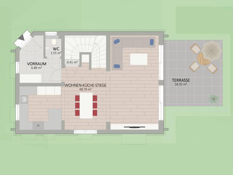 Grundriss des Erdgeschosses mit offenem Wohn-Küchenbereich und Terrasse.