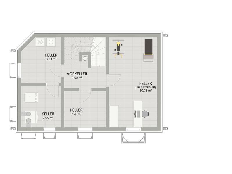 Grundriss des Kellergeschosses mit mehreren Kellerräumen und Fitnessbereich.