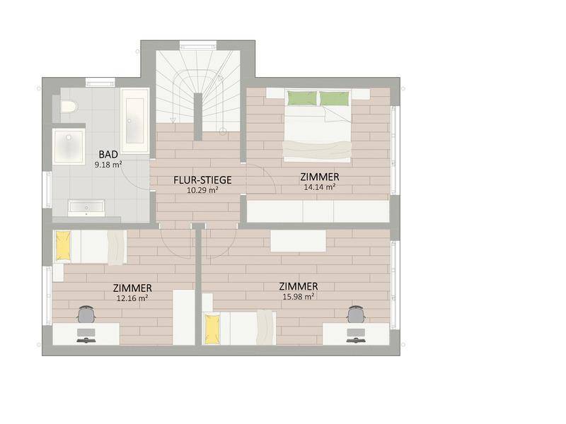 Grundriss des ersten Obergeschosses mit drei Schlafzimmern und einem Badezimmer.