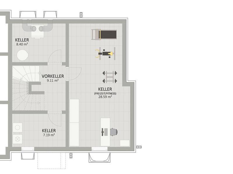 Grundriss des Kellers mit Vorraum, mehreren Kellerräumen und Fitnessbereich.
