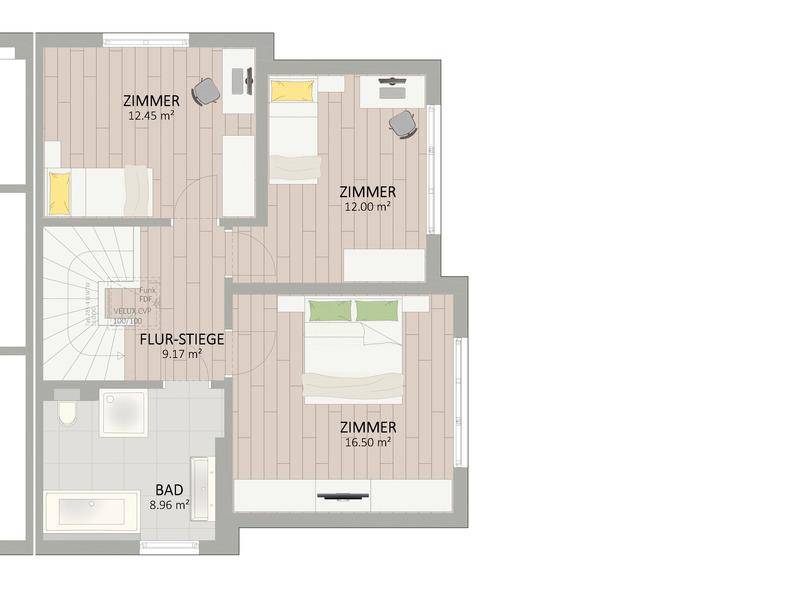 Grundriss des Obergeschosses mit drei Schlafzimmern und einem Badezimmer.