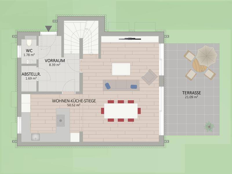 Grundriss des Erdgeschosses mit offenem Wohn-Essbereich, Küche und Zugang zur Terrasse.