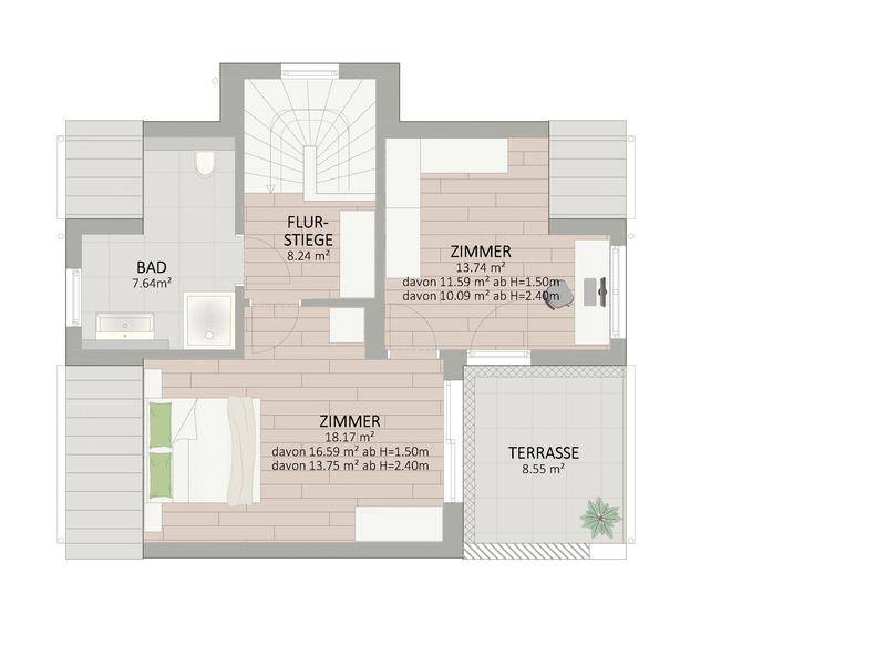 Grundriss des Dachgeschosses mit zwei Zimmern, Bad und Zugang zu einer weiteren Terrasse.