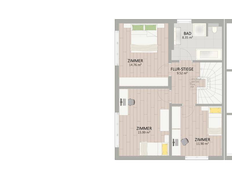 Grundriss des Obergeschosses mit drei Schlafzimmern, einem Badezimmer und Treppenaufgang.