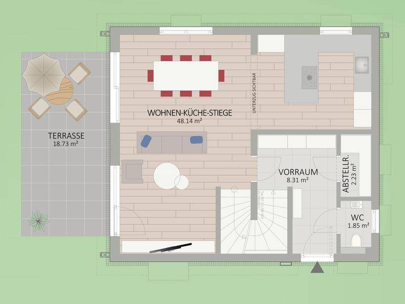 Grundriss des Erdgeschosses mit offenem Wohn-Essbereich, Küche und Zugang zur Terrasse.