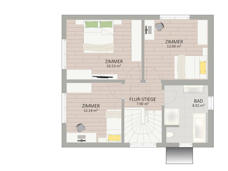 Grundriss des Obergeschosses mit drei Schlafzimmern, einem Badezimmer und Treppenaufgang.
