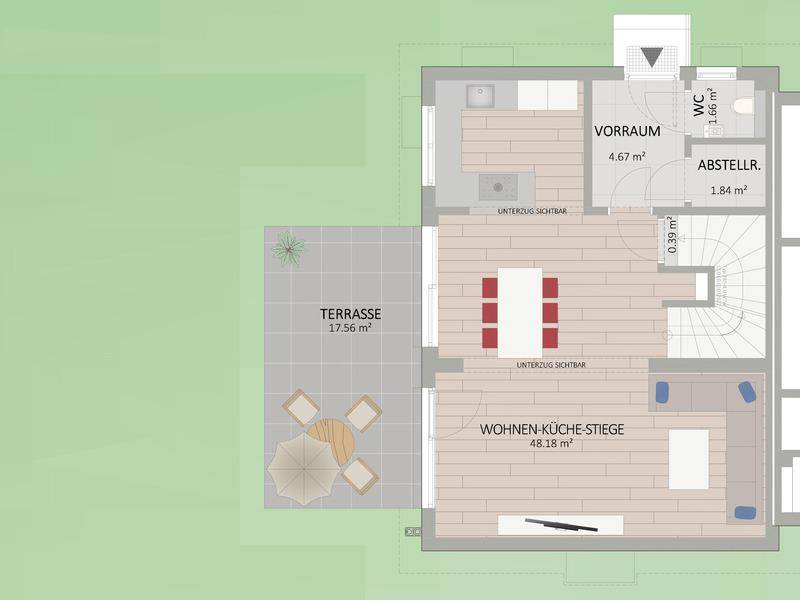 Grundriss des Erdgeschosses mit offenem Wohn-Küchenbereich, großer Terrasse und separatem WC.