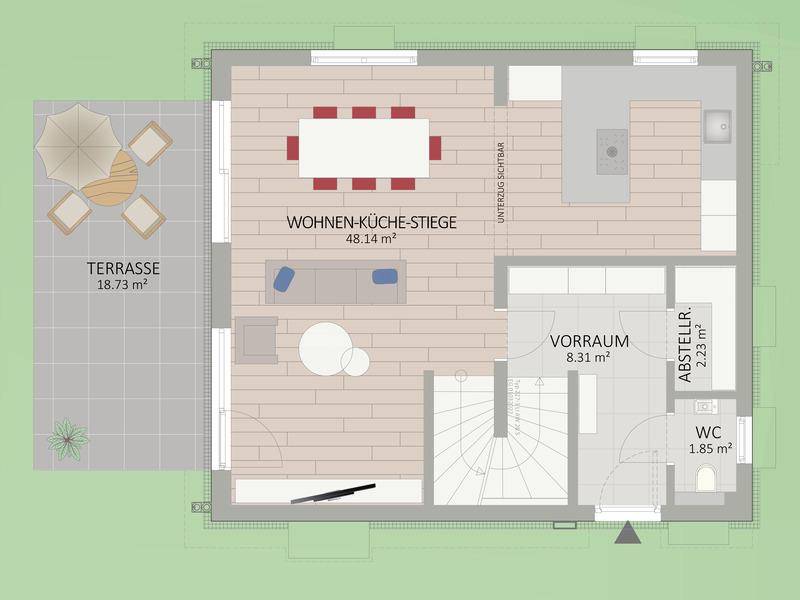 Grundriss des Erdgeschosses mit offenem Wohn-Essbereich, Küche, Gäste-WC und Zugang zur Terrasse.