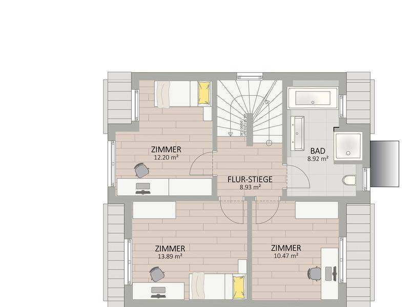 Grundriss des Obergeschosses mit drei Schlafzimmern, einem Badezimmer und Treppenaufgang.