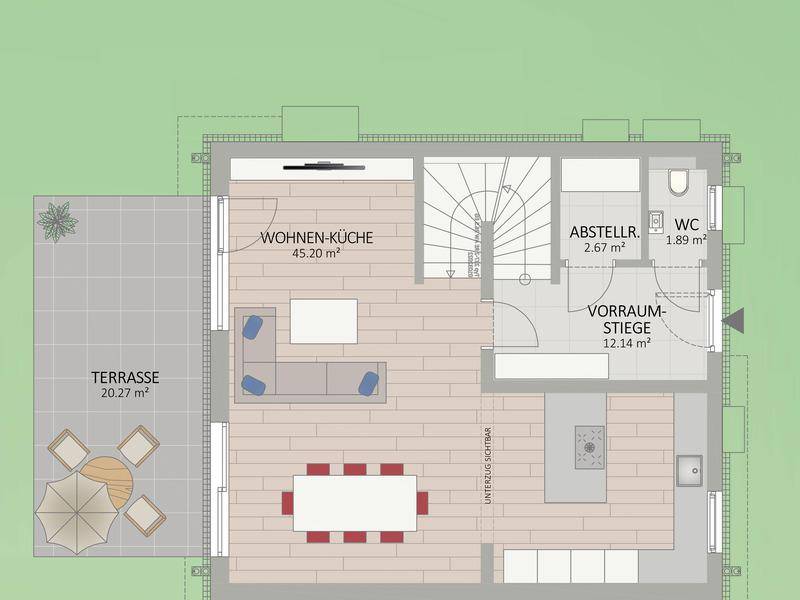 Grundriss des Erdgeschosses mit offener Wohnküche, Essbereich und großer Terrasse.
