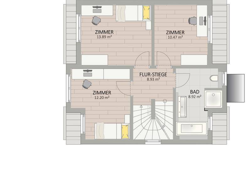 Grundriss des Obergeschosses mit drei Schlafzimmern, einem Badezimmer und Treppenaufgang.