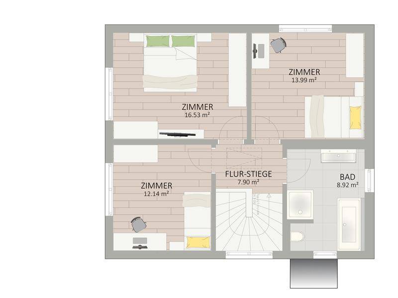 Grundriss des Obergeschosses mit drei Schlafzimmern, einem Badezimmer und Flur.