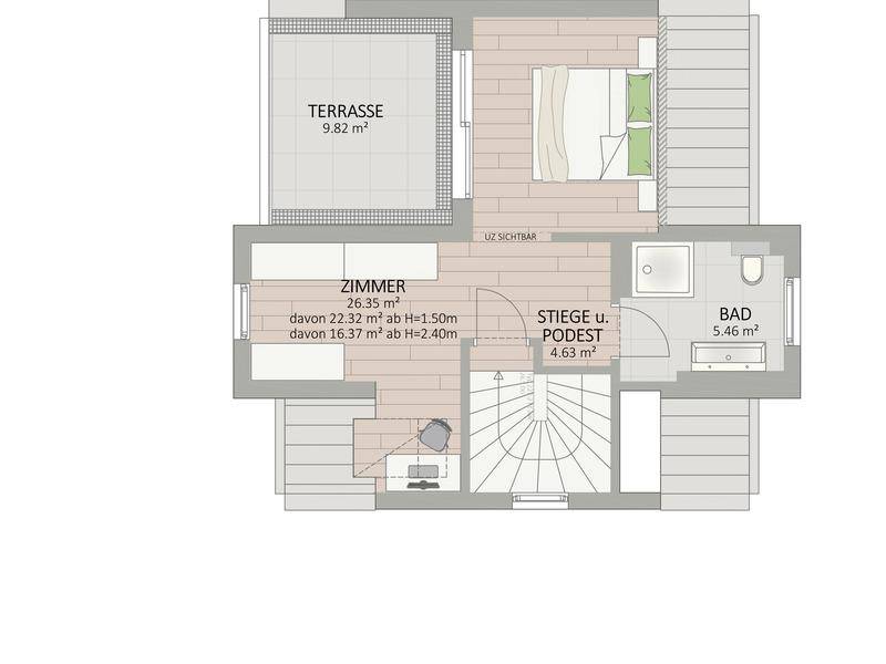 Grundriss des Dachgeschosses mit einem Schlafzimmer, Bad und einer Dachterrasse.
