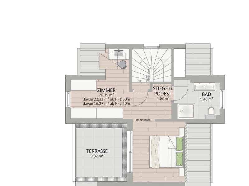 Grundriss des Dachgeschosses mit einem Zimmer, Badezimmer und einer Dachterrasse.