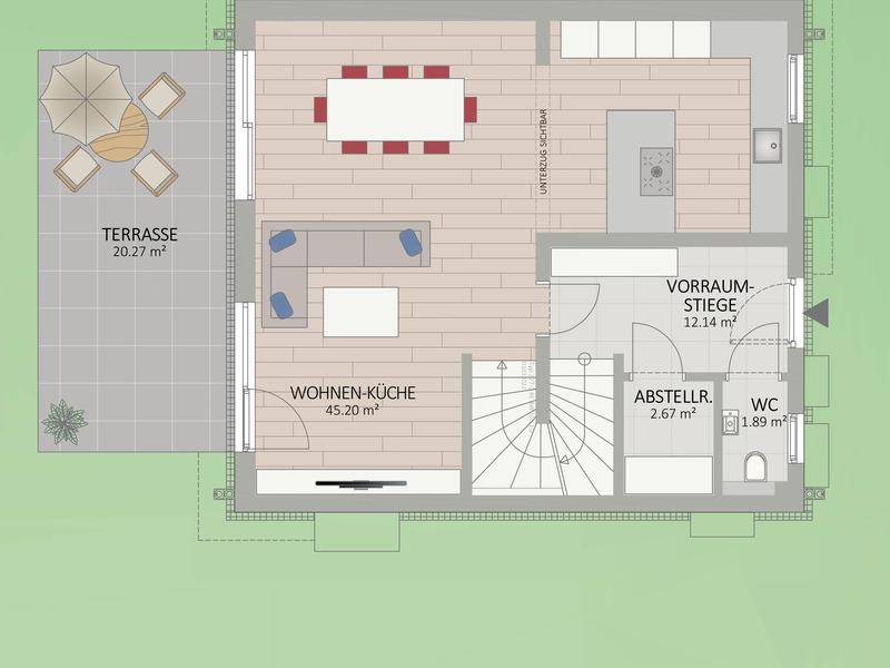 Grundriss des Erdgeschosses mit offener Wohnküche, Essbereich und großer Terrasse.