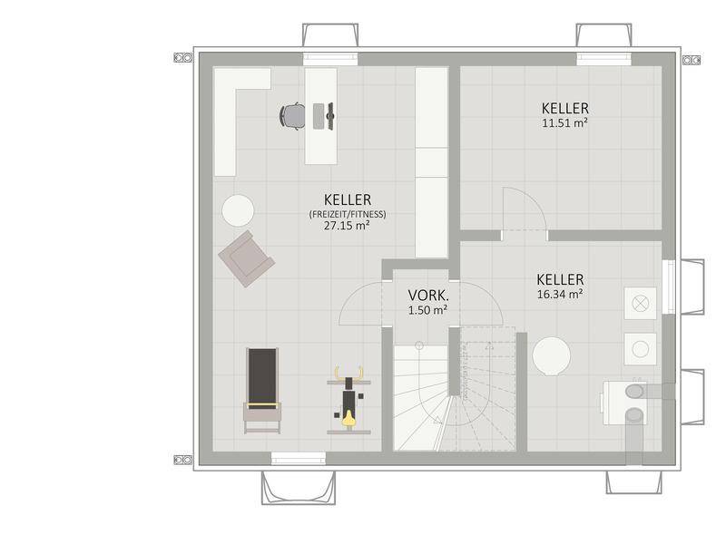 Grundriss des Kellers mit mehreren Kellerräumen, darunter ein Freizeit- und Fitnessbereich.