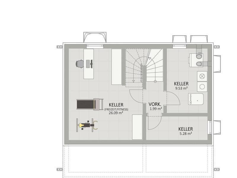 Grundriss des Kellers mit Abstellräumen, Fitnessbereich und Treppenaufgang.
