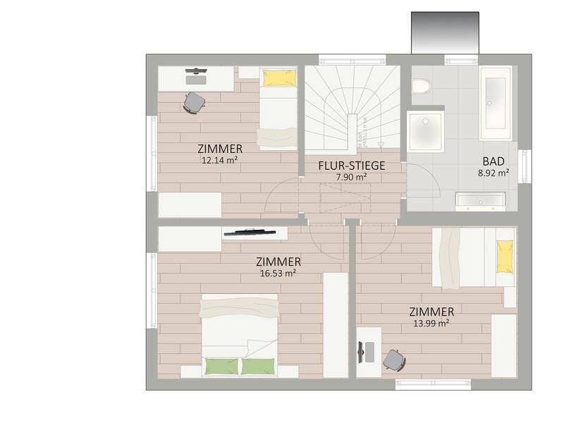Grundriss des Obergeschosses mit drei Schlafzimmern, einem Badezimmer und Treppenaufgang.