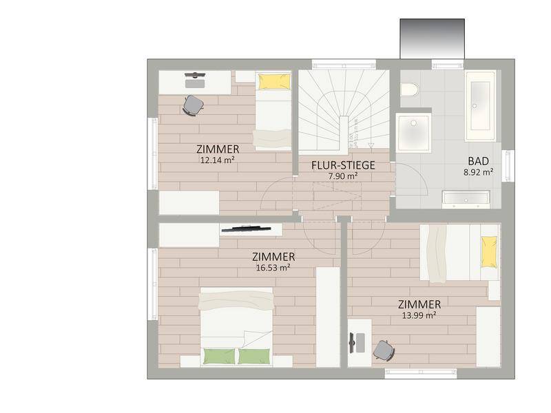 Grundriss des Obergeschosses mit drei Schlafzimmern und einem Badezimmer.