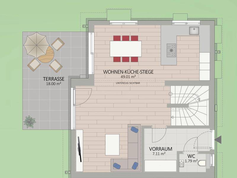 Grundriss des Erdgeschosses mit offenem Wohn-Essbereich, Küche und direktem Terrassenzugang.