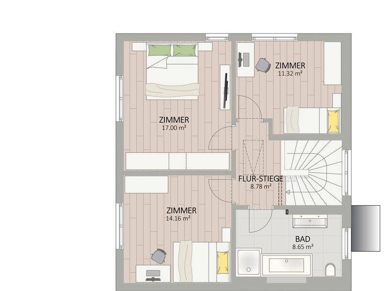 Grundriss des Obergeschosses mit drei Schlafzimmern und einem Badezimmer.