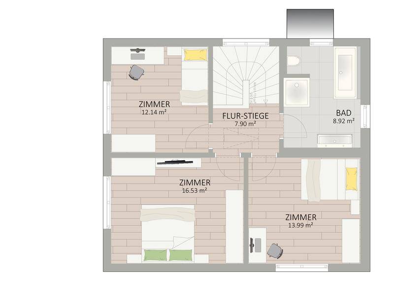 Grundriss des Obergeschosses mit drei Schlafzimmern und einem Badezimmer.