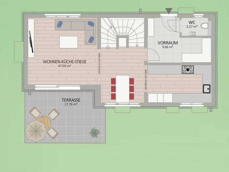 Grundriss des Erdgeschosses mit offenem Wohn-Essbereich, Küche, Gäste-WC und Zugang zur Terrasse.