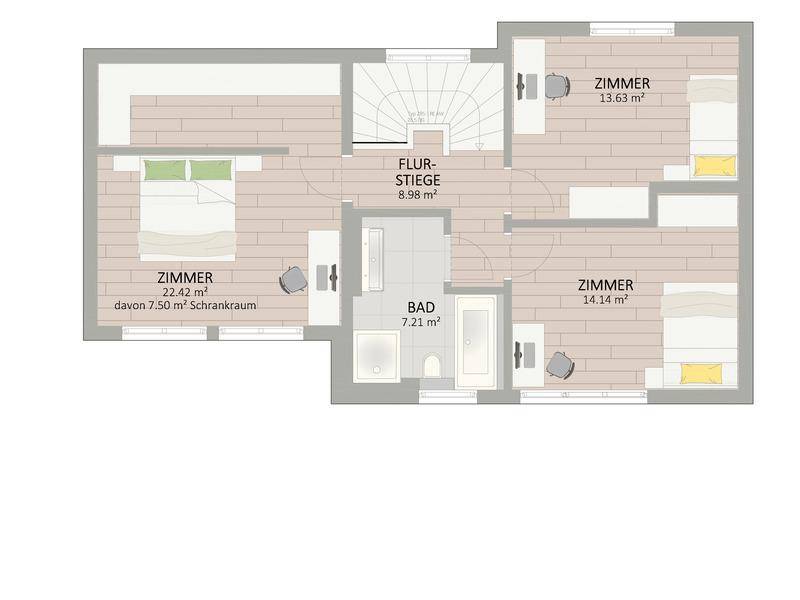 Grundriss des Obergeschosses mit drei Schlafzimmern, einem Badezimmer und Treppenaufgang.