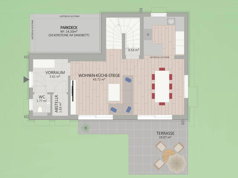 Grundriss des Erdgeschosses mit offener Wohnküche, WC und Zugang zur Terrasse.