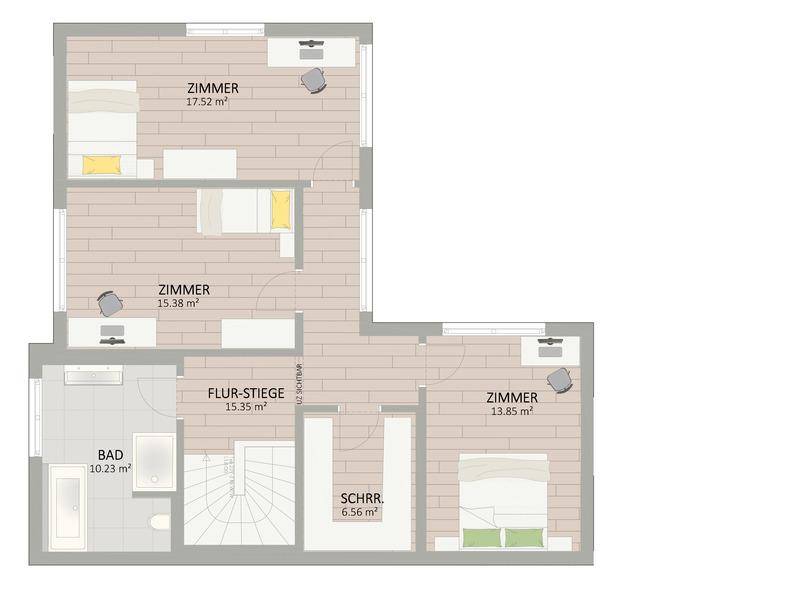 Grundriss des Obergeschosses mit drei Schlafzimmern, einem Badezimmer und begehbarem Kleiderschrank.